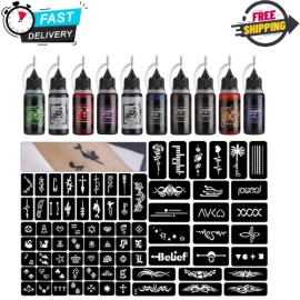 STIGMA Temporary Tattoo Kit 10 Bottles Color Inks, 84 Pcs Stencils Kit 8 Colors