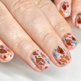Fall Nails Square Press on Nails Short Fake Nails Nude Pink RIICFDD False Nails Pine Cone Maple Leaf Pattern Stick on Nails Reusable Full Cover Autumn Acrylic Nails for Women Artificial Nails 24 Pcs