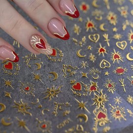 Love Heart Nail Art Stickers Bronzing Gold Star Moon Heart Nail Stickers 8PCS 3D Holographic Stars Sun Design Y2K Nail Adhesive Sliders Starlight Manicure Decals for Valentines Nail Art Decorations