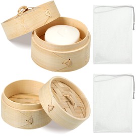 Chengu Natural Bamboo Soap Bar Holder with Lid Soap Dish Drain Foaming Net Shampoo Container Wood Tray Handmade Bamboo Case for Bathroom Shower Kitchen(4 Pieces,3.9 Inch)