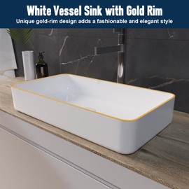 FAHKNS Bathroom Sink Rectangular 24"x 14"Bathroom Wash Basin With Gold Rim Design Art Basin Vanity Sink Suitable For Bathroom, Cloakroom, Without Faucet