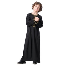 OBEEII Boy's Muslim Arab Solid Color Thobe, Middle East Comfortable Kaftan Thobe Boy Muslim Islamic Clothing Black 9-10 Years