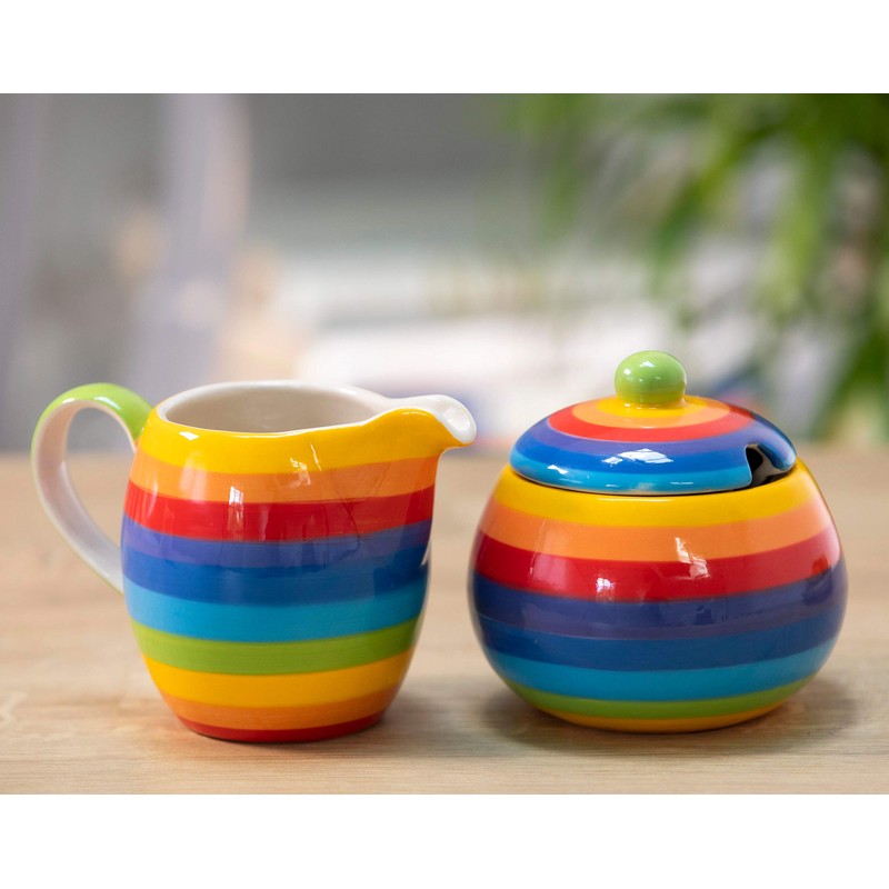 Hand Painted Rainbow Stripe Sugar Bowl and Jug Set