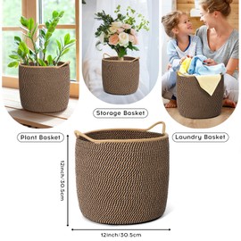 12 inches Cotton Rope Plant Basket for Storage Plant, Woven Plant Coiled Organizer,Decorative Flower Pots Cover Laundry Bin with Handle Home Decor,Laundry, Blanket,Picnic and Grocery, Multifunctional