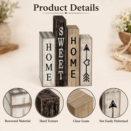 4Pcs Wooden Home Decor Set, Sweet Home Sign, Neutral Shelf Decorations and Living Room Accessories, Vintage Rustic Wood Plaques for Tiered Tray, Mantelpiece, Housewarming Gift