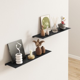 MKO 16" Floating Shelves for Wall, Long Metal Wall Mounted Shelf for Bathroom, Bedroom, Living Room, Kitchen, Display Hanging Shelves for Books/Storage/Room Decor 2 Packs, Black