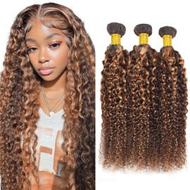 Dokksiiia 16 18 20 Inch Highlight Two Tone Bundles P4/30 Curly Wave Bundles Human Hair Dark Brown and Light Brown Mix Double Weft Brazilian Human Hair Extensions Silky and Soft for Black Women