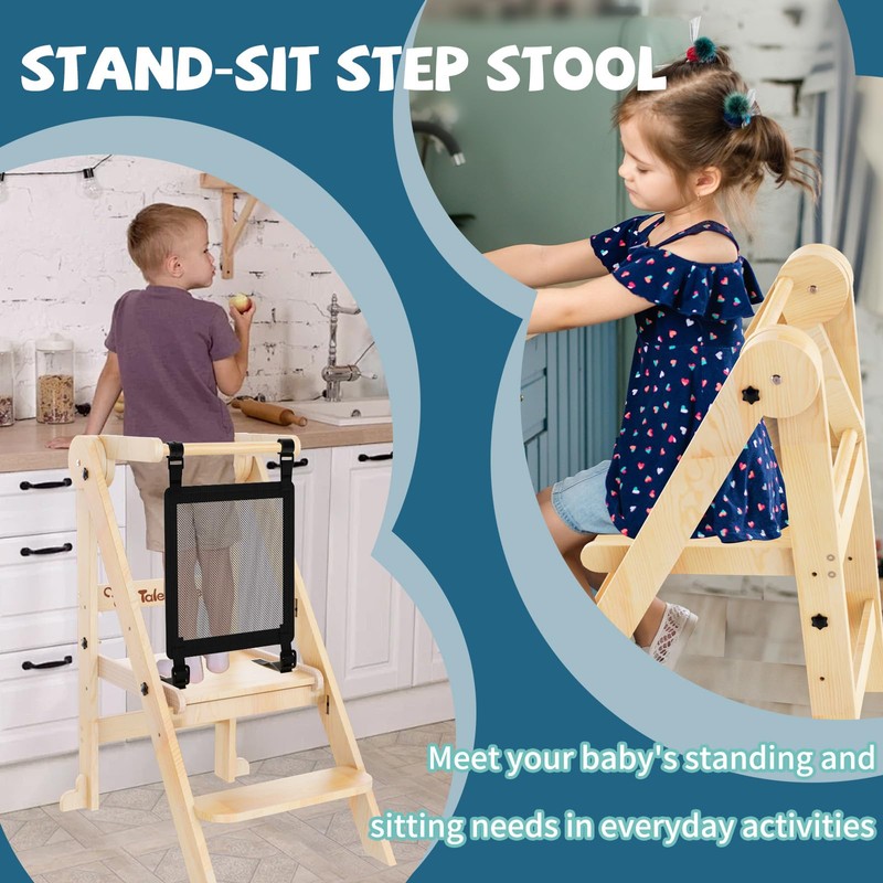 Foldable Toddler Tower with Safety Nets, 3 Adjustable Height Learning