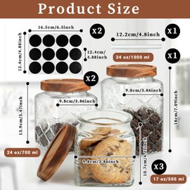 PEDOBALI 6 Pcs Vintage Glass Food Storage Containers with Lid 17, 24 and 34 Oz Square Begonia Pattern Airtight Candy Jar for Kitchen Beans Food Pantry Canisters