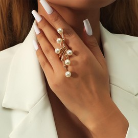 Vintage Pearl Ring for Women Stacking Pearl Cluster Rings Open Pearl Full Finger Ring Pearl Statement Ring Jewelry Gifts for Teen Girls (C)