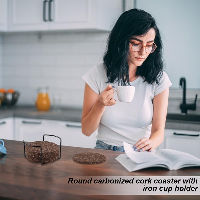 AHANDMAKER Set of 10 Dark Cork Coasters, Absorbent Coasters for