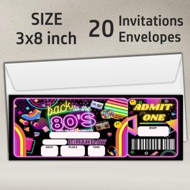 Wybgno Retro vintage Birthday Party Invitation Cards for Adults, 20 Back To The 80s Theme Ticket Invites with Envelopes, Party Favor & Supplies (3×8inch)-A08