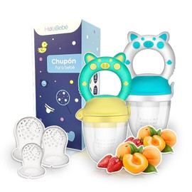 Set de 2 chupones para frutas y papillas, alimentador para bebé 4m+ con mamilas de repuesto libre de BPA, incluye 4 piezas y caja de regalo (pig blanco azul - pig verde amarillo)