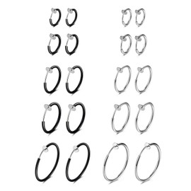 Evevil Fake Nose Ring Clip On Hoop Earrings For Women Faux Lip Septum Ring Spring Endless Hoop Earrings Non Piercing Lobes Men Women (10 Pairs,13mm-25mm,Steel Plated & Black Plated Color)