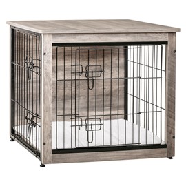 DWANTON Dog Crate Furniture with Cushion, Wooden Kennel Table with Double Doors, Indoor Dog House, Small/Medium/Large/Extra Large Size, 27.2" L, Greige