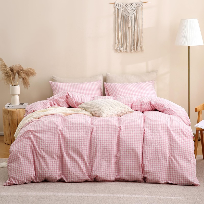 TOCOMOA Pink Gingham Duvet Cover Bedding Set 100% Washed Cotton