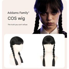 Wednesdays Girls' Wig, Black Carnival, Addam Wig for Children Adults, Wednesdays Wig, Braided Black Wigs, Wigs with Pony Braid, Gothick Costume, Long Tied Wig, black