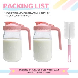 2 PACK Breast Milk Pitcher 32OZ Glass Breastmilk Pitcher with Lids Leak-proof Wide-mouth Mason Jar for Breastmilk, Resistant to Heat or Cold, Freezer-safe(Pink)
