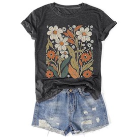 Womens Vintage Flowers T-Shirts Cute Floral Graphic Tees Wildflowers Cottagecore Tshirts Summer Casual Short Sleeve Tops(Dark Gray1,M)