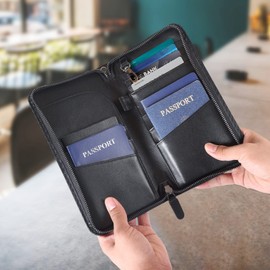 Polare Full Grain Leather Family Travel Passport Wallet and Documents Organizer RFID Blocking Case Holder Fits 6 Passports for Men and Women(Carbon Black)