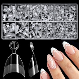 AddFavor 600pcs Short Almond Nail Tips, Half Cover Clear Soft Gel Nail Tips Almond, 12 Sizes Press on False Nails Tips for Acrylic Nail Extension, Salon and Home DIY
