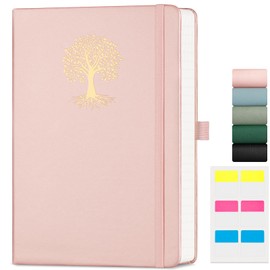 EMSHOI Notebook A5 Lined - 100gsm Hardcover Leather Journal with Sticky Notes, 192 Numbered Pages College Ruled Notebook for Women Men Work School Writing Journaling, 14.5 X 21 cm -Rose Gold