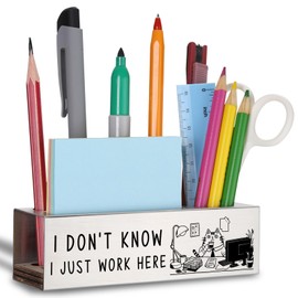 WINOESHE Stainless Steel Pencil Holder with I Don’t Know I Just Work Here & Cat Design, Humorous Office Gift for Work Friend, Funny Desk Organizer for Staff Member HUE24