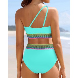 Tempt Me Women Aqua High Waisted Bikini Set - One Shoulder Two Piece Swimsuits Color Block Bathing Suits with Swimwear Bottom M