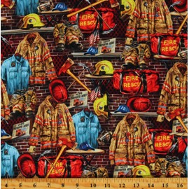 Timeless Treasures Cotton Firefighter Equipment Firefighters Fire Department First Responders Cotton Fabric Print by The Yard (DONA-CD2998-MULTI)