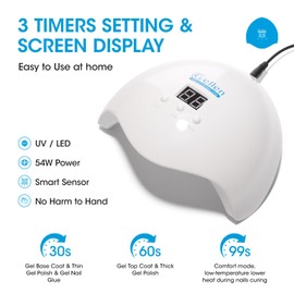 Gellen 54W U V Nail Lamp with Auto Sensor LCD Display, 3 Timers LED Nail Lamp for Gel Polish - 18 Beads Fast Curing Nail Dryer, Salon Home Use, White
