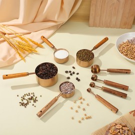8-piece Gold Measuring Cups and Spoons Set Stainless Steel Measuring Cups with Wooden Handles Accurate Markings for Baking Cooking Dry Ingredients Spices Flour Tea Coffee