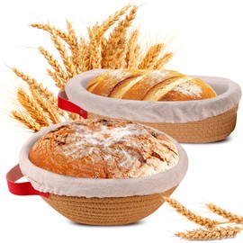Yunkctuk Proofing Baskets with Linen Insert & Lid, Set of 2 Oval 26cm & Round 23cm Braided Cotton Rope Sourdough Proving Basket, Banneton Bread Basket for Professional and Home Bakers