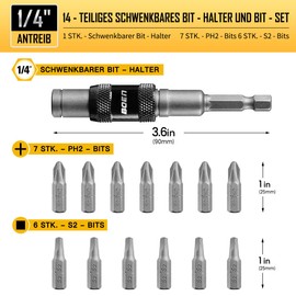 14-Tlg. Schwenkbares Magnetischer Schnellwechsel-Impact-Bithalter-Set mit Schraubendrehbits, 1/4 Zoll Flexibler Sechskant-Bithalter, 20 Grad Drehbarer Bohrerverlängerung, für Impaktor & enge Ecken
