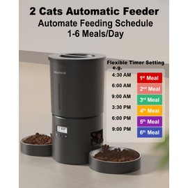 Dual Automatic Cat Feeder 2 Cats,6 Meals/Day,12 Portions/Meal,4.2L Dual Power Double Bowls Feeder,Dry Food Auto Pet Dispenser,10S Voice Record,Flexible Schedule Timer (Black,Stainless Dual Bowls)