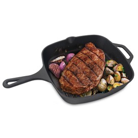 Jim Beam , Pre Seasoned Cast Iron Square Skillet with Ridges, 16", Black
