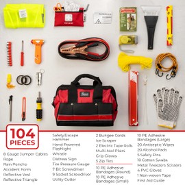Thrive Car Emergency Kit & Roadside Emergency Car Kit - 104-Piece Set, Red Canvas Bag, Universal Fit - Jumper Cables, Escape Hammer & Tire Gauge - Road Trip Essentials & Emergency Supplies