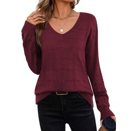 Zeagoo Red Sweater for Woman Trendy Long Sleeve V Neck Lightweight Crochet Tops 2025 Loose Fall Pullover Outfits