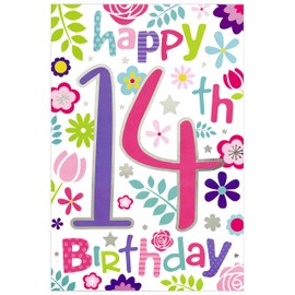 14th Birthday Card - Pink Lilac Number with Flowers and Silver Foil 7.5x5.25"