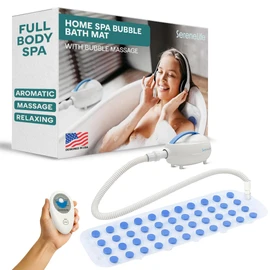 SereneLife Bubble Bath Mat, Non-Slip Bathtub Mat with Remote Control, Waterproof, Cushioned Design, Adjustable Bubbles, 8.2’ Air Hose and 47” x 14.2” Mold-Resistant Full Body Spa Massager