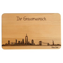 Bread Board New York Skyline | Beech Breakfast Board | Wooden Chopping Board | Gift with Engraving | Breakfast Board | USA | America (Board L (26 x 16 x 1.5 cm), with Personal Engraving)