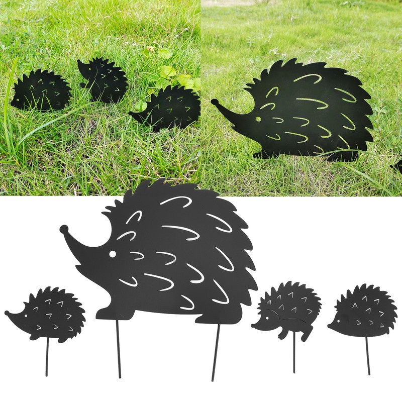 4Pcs Metal Hedgehog Decorative Garden Stakes Cute Animal Hollow Design