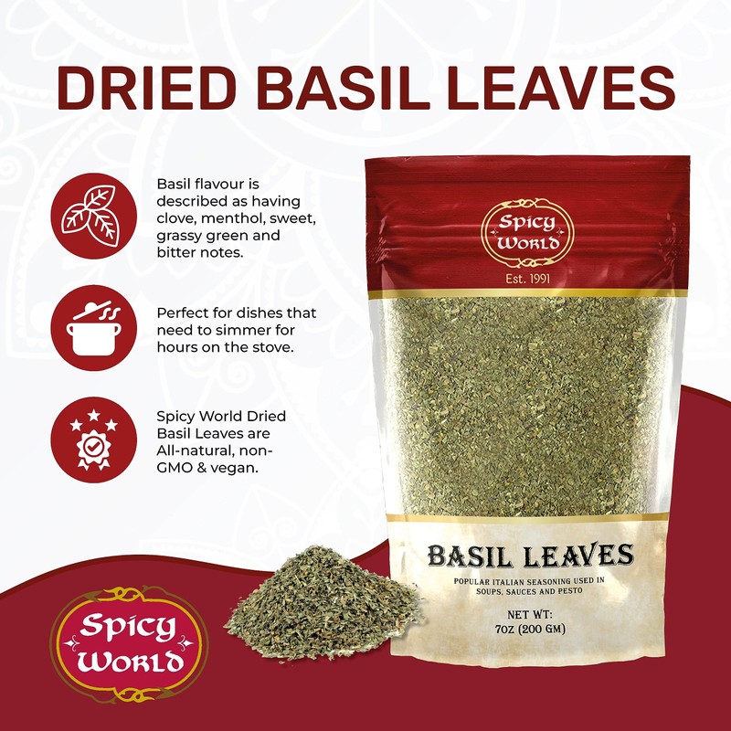 Dried Basil Leaves 7oz (200g) - Natural, Non-GMO, Vegan, Ayurveda