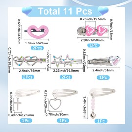 CRASPIRE 11Pcs 8 Shapes Sliver Iron Snap Hair Clips Star Heart Cross Hairpins Cute Lovely Cool Metal Pendant Hip Hop Barrettes Accessories Punk Kawaii with Plastic Storage Box for Women Party