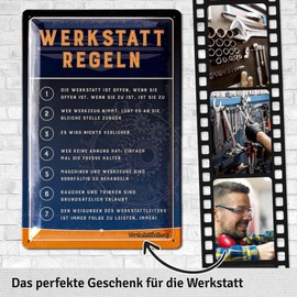 LANOLU Retro Tin Sign Workshop Sign – Funny Workshop Rules for Men with the 7 Most Important Rules for the Workshop – Car Mechanic Gift – Vintage Decorative Metal Sign 20 x 30 cm