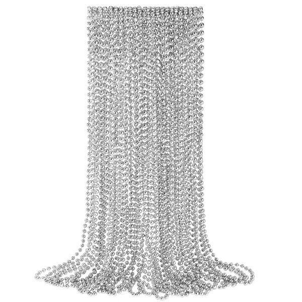 24 PCS Silver Bead Necklaces, Silver Mardi Gras Christmas Beads
