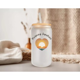 Mugzan Morning Sunshine Frosted Glass Can With Bamboo Lid 16 Oz Glass Cup by Mugzan