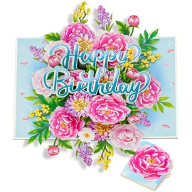 POPWOW Floral Peonies Pop Up Card, Happy Birthday, Flowers, 3D Greeting Cards, Gifts for Mom, Mother in Law, Wife, Her, Girlfriend, Sister, 5x7 - Includes Envelope And Message Note