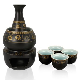 PUNNIO Janpanese Sake Set with Wamer, Ceramic 7pcs Sake Set with 1 Sake Carafe 4 Sake Cups 1 Sake Warmer 1 Candle Stove (Black)