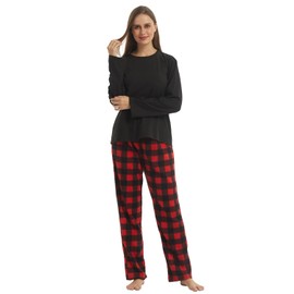 LNFINTDO Fleece Pajamas Womens Set Long Sleeve Top & Plaid Pajama Bottoms Soft Nightwear Loungewear Warm Pjs Sets 2 Pieces