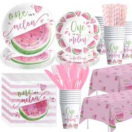 APOWBLS One In A Melon Party Decorations Dinnerware - Watermelon Party Supplies For 1st Birthday, Plates, Cups, Napkins, Tablecloth, Cutlery, Straws, Watermelon First Birthday Decorations | Serve 24